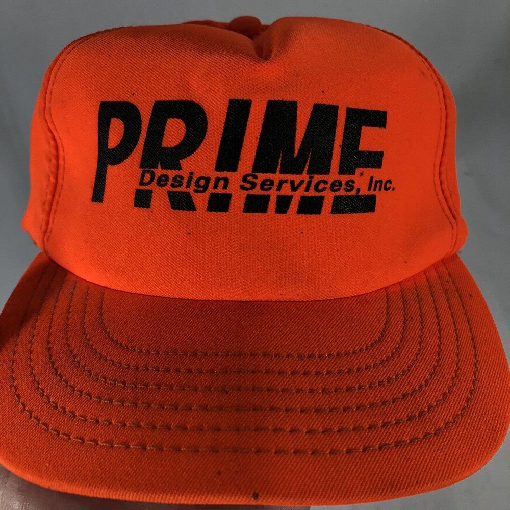 VINTAGE PRIME DESIGN SERVICES HAT CAP SNAPBACK NEON ORANGE USA MADE TRUCKER OSFM - Picture 13 of 14